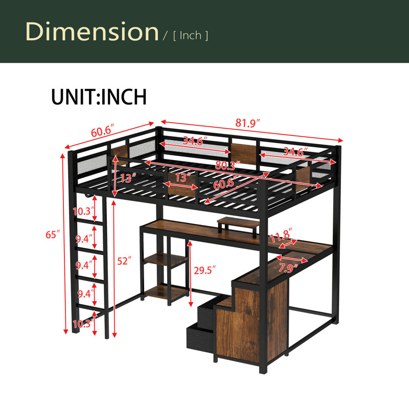 Grand lit mezzanine avec bureau et tiroirs de rangement en tissu non tissé, cadre de lit mezzanine en métal avec échelles, sans nosie et sans sommier