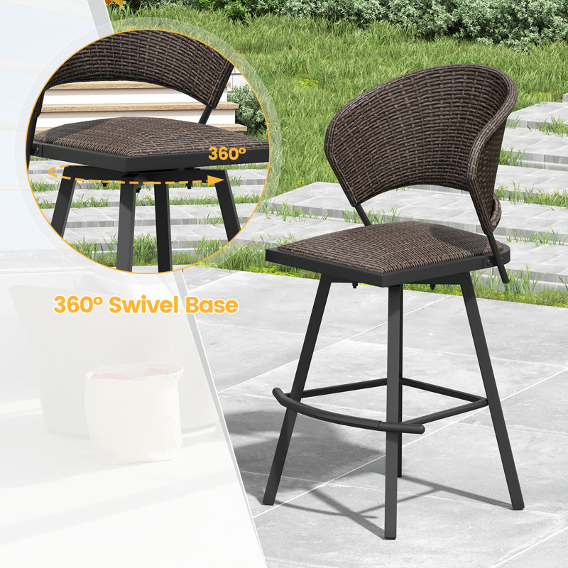 3 Pieces Outdoor Bar Set With Swivel Bar Stools, Brown/Walnut