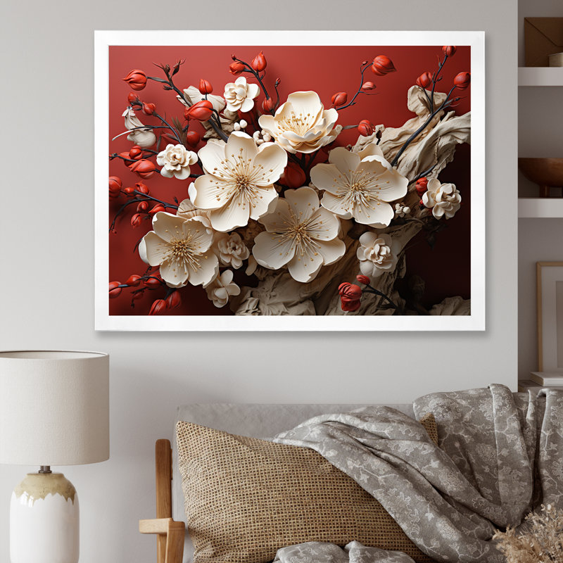 Orchidée blanche et rouge, branches de fleur V - art mural floral abstrait, H 30 po x l 40 po x P 1,5 po