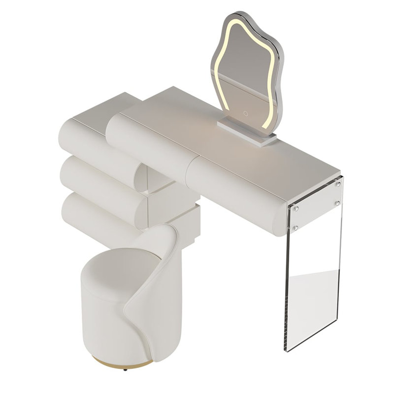 Modern White PU Leather Vanity Set with LED Mirror and Stool