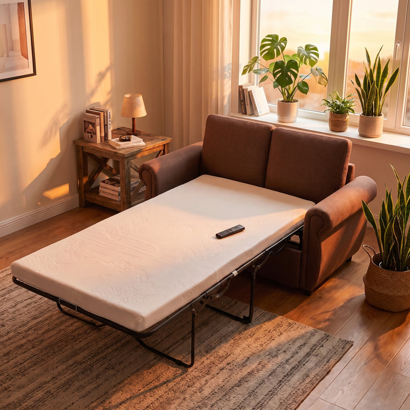 Canapé-lit de 57,9 po avec causeuse escamotable avec matelas en mousse à mémoire de forme simple, 2 ports de chargement USB, structure en acier robuste, design compact pour salon, appartement, dortoir, bureau