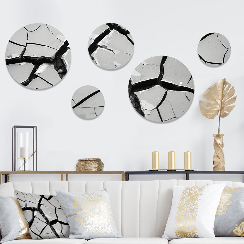 Noir et blanc apaisant fissures - ensemble de 5 collages abstraits ronds