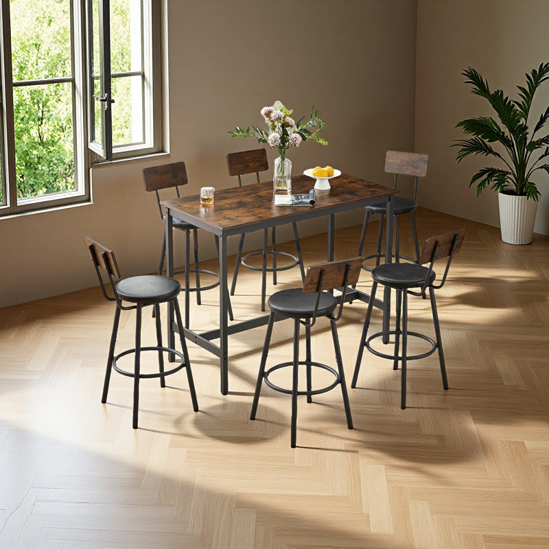 Pub High Dining Table Set, Industrial Style Pub Table, Pu Leather Bar Chairs, Brun, Brun / Noir, 7