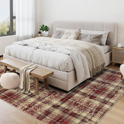 10'x13' Washable Tartan Plaid Area Rug, Non Slip Non Shedding Stain Resistant Soft Pearl Velvet Indoor Rug, Luxury Plaid Floor Mat for Living Room Bedroom Nursery Office, Red