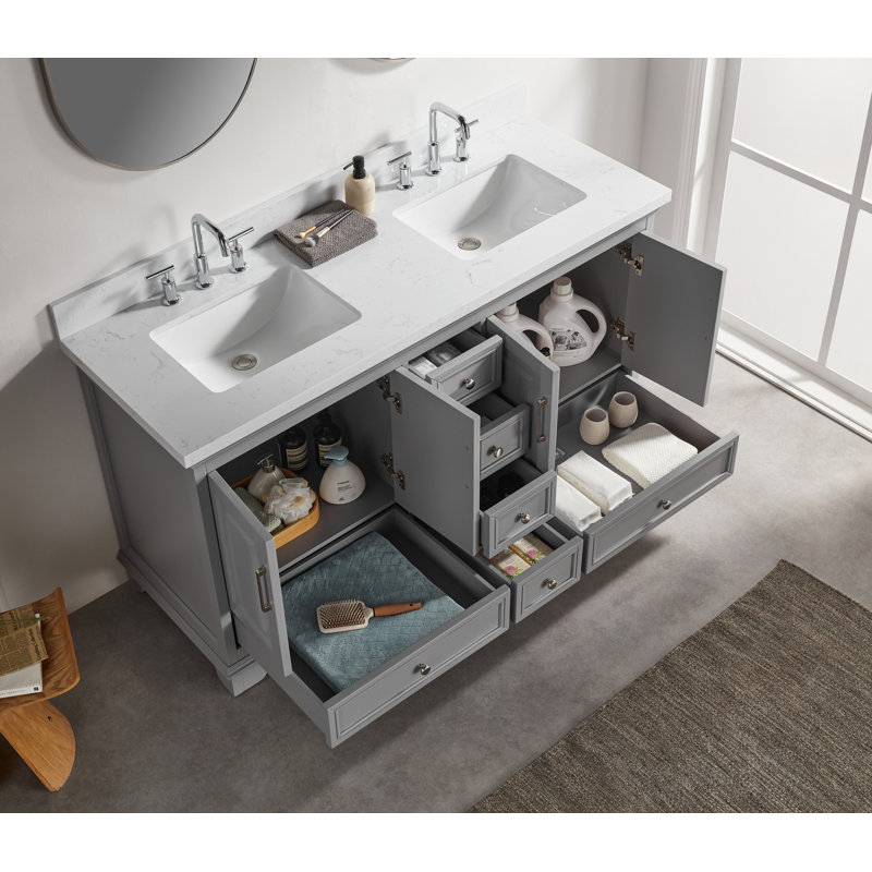 Meuble-lavabo double autoportant de 60 po avec pierre artificielle entièrement assemblé, Gris