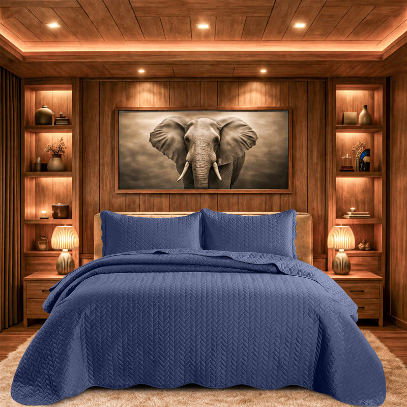 Microfiber Embossed Oversized Bedspread Set With Shams – Modern & Contemporary, Machine Washable, Dust-Resistant, Navy