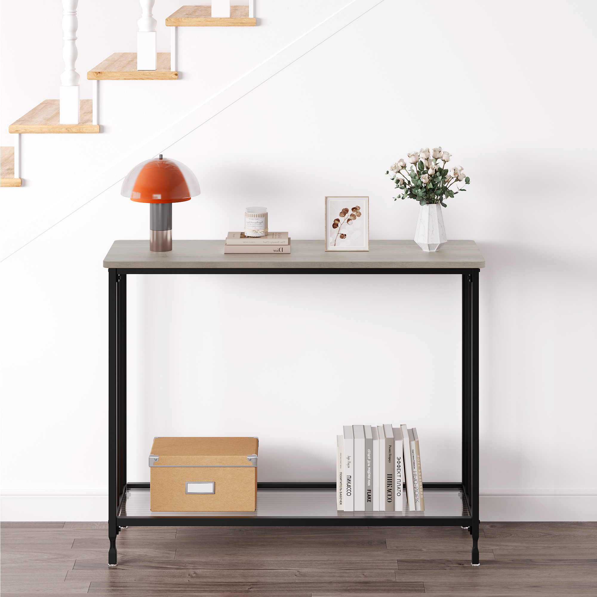 Latitude Run® Industrial Narrow Console Table with Glass Shelf – 2-Tier ...