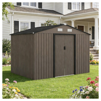 Remise de rangement extérieure en acier, maisonnette de jardin brun avec portes verrouillables