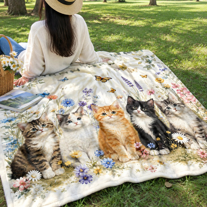 Cute Cat Print Throw Blanket, Adorable Kittens and Butterflies Design, Soft Cozy Flannel Blanket for Sofa Couch Bedroom Living Room Home Decor