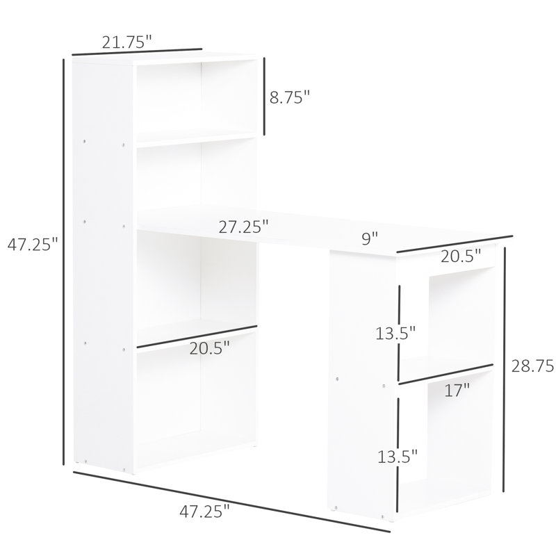 Bureau à 6 tablettes de rangement de 47 po, table d'écriture blanche avec bibliothèque, idéal pour les espaces de travail compacts, tablettes solides de 47 po, compétences de bureau à domicile, espaces limités idéaux, construction ferme