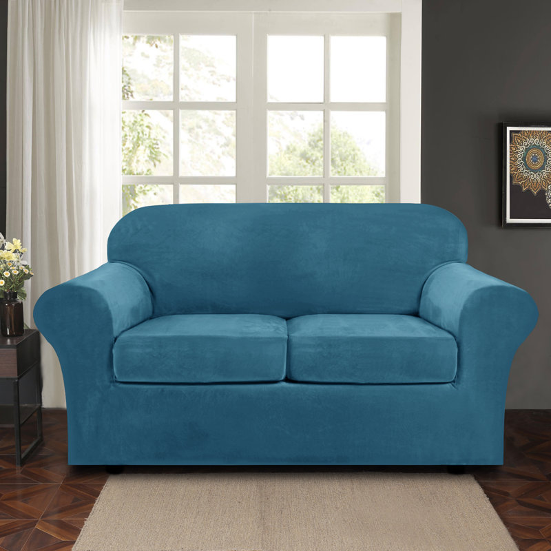 Housse pour causeuse à coussins carrés/rectangulaires, Velours bleu paon