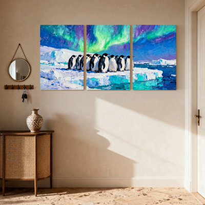 Birds Penguin Group Arctic Aurora Reflection Ice Landscape Set of 3 Canvas Wall Art Prints