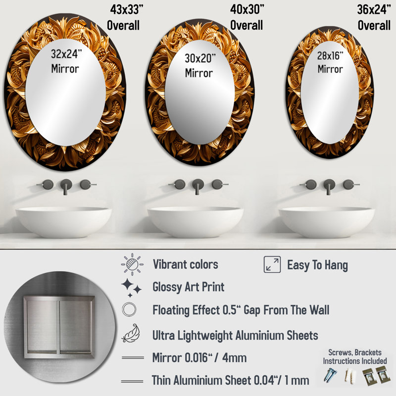 Abstract Golden Sunflower Glam Blooming - Gold Traditional Oval Wall Mirror, 36" x 24"