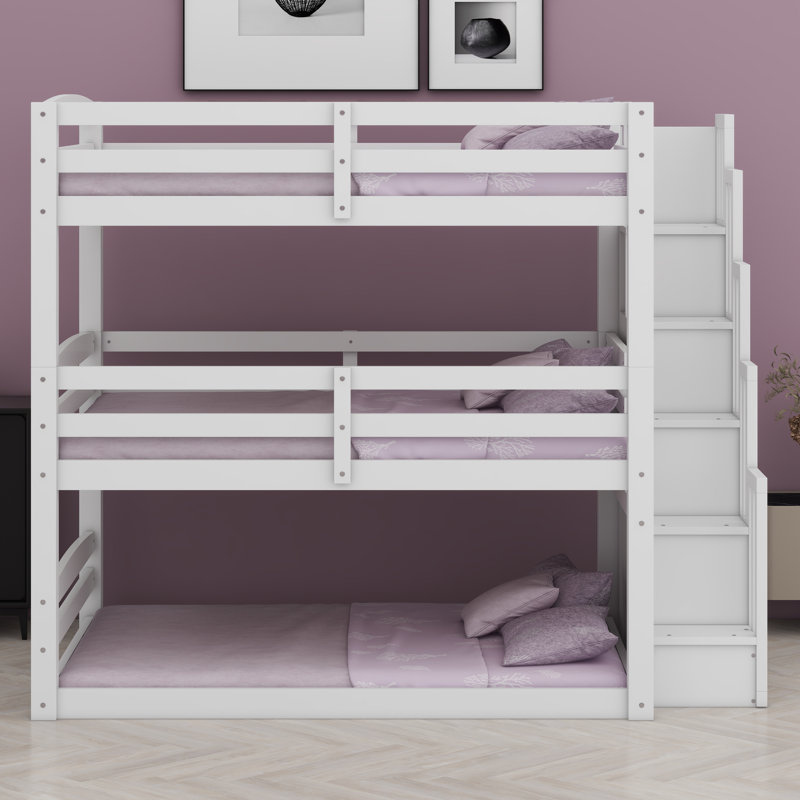 Triple Loft Bed With Integrated Storage Steps And Modular Configuration, White