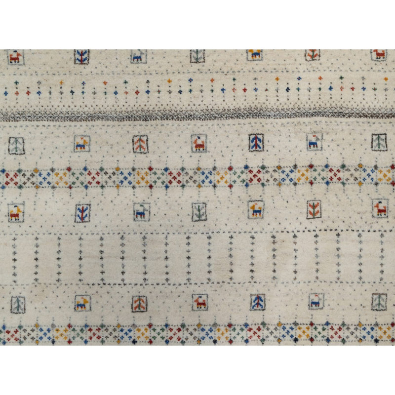 8'1"x10' Whisper White, Modern, Lori Buft Gabbeh with Small Animal Figurines, Soft Wool, Hand Knotted, Thick and Plush, Oriental Rug