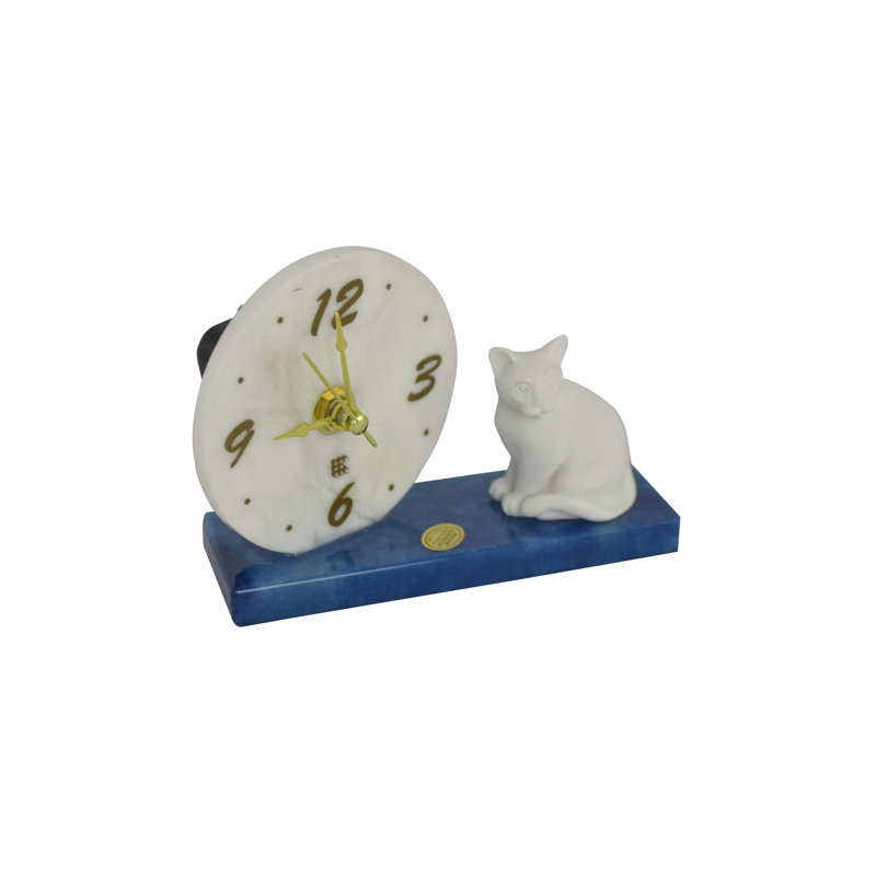 Desk Table Clock with Cat in Alabaster Stone