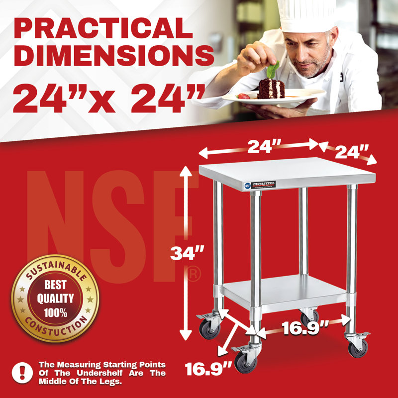24 x 24 Inch Stainless Steel Movable Work Table with Under Shelf
