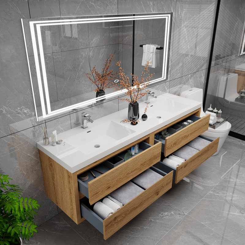 Castanea 70.9'' Double Bathroom Vanity with Acrylic Top, Yellow Wood