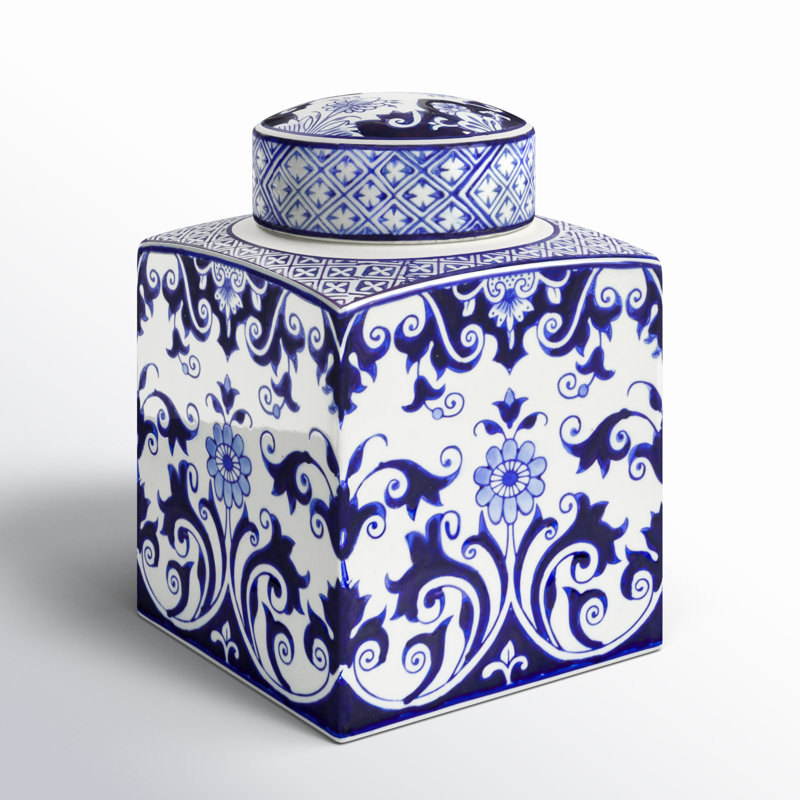 Chadwicks Decorative Square Ceramic Ginger Jar with Lid, Paisley White/Blue