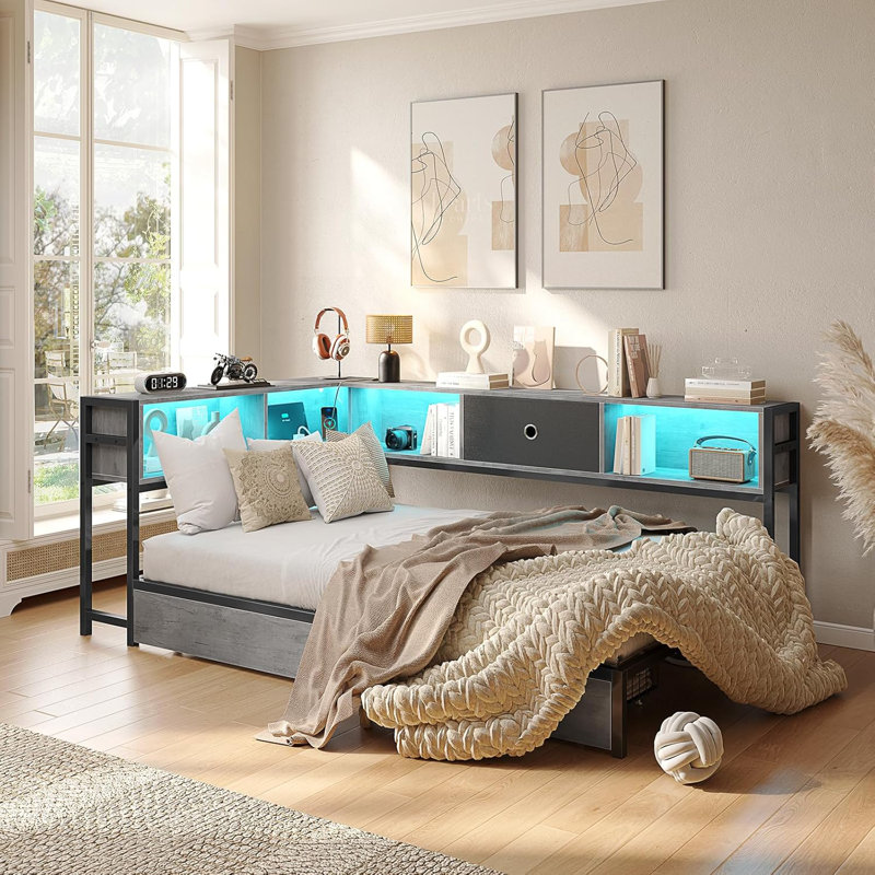 Corner Bed Frame  With Led Light And Charging Station, Modern  Bed With Bookcase And 2 Underbed Storage Drawers, Modern Daybed No Box Spring Needed/noise-free