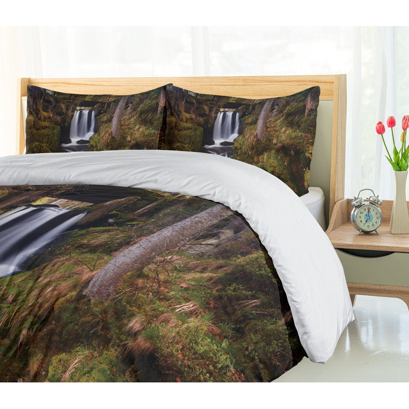 Green Forest Waterfall Queen Duvet Cover Set with Pillow Shams