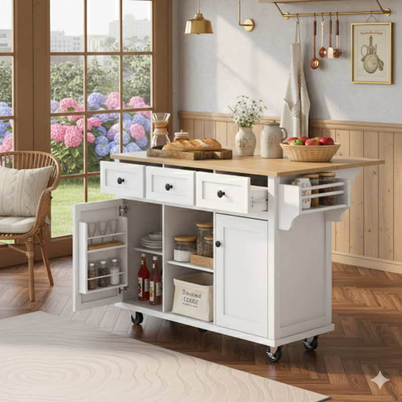 Chariot de cuisine avec surface rabattable en bois d'hévéa, supports de rangement internes derrière les portes de l'armoire, roulettes sur 5 roulettes avec armoire de rangement et 3 tiroirs - conçu pour la salle à manger, finition blanche