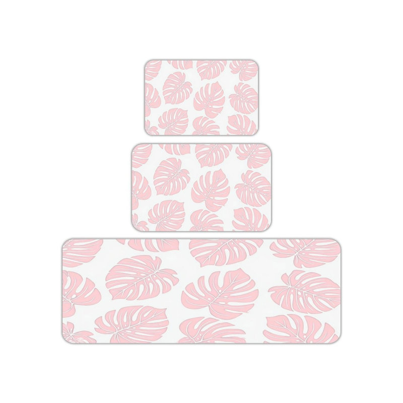 Ensemble de 3 tapis pour cuisine et salle de bain Monstera, rose