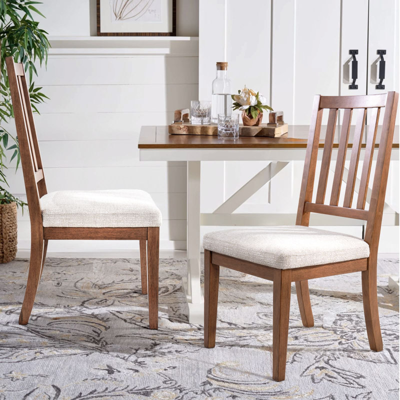 Slat Back Upholstered Dining Chair with Wooden Frame in Light Brown Finish