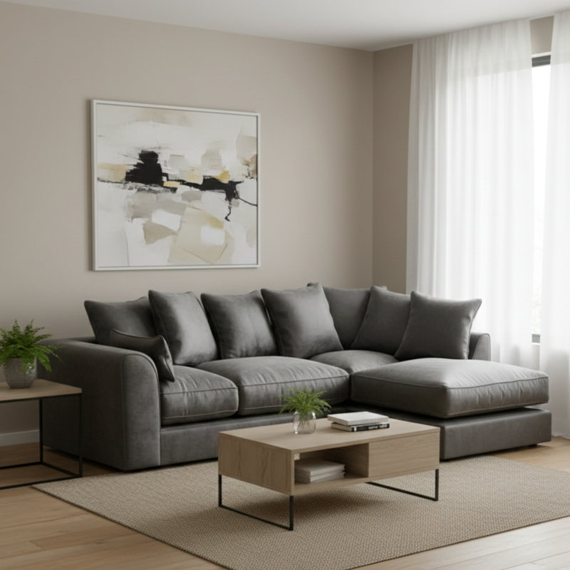 4 Seater Velvet Sofa & Chaise, Right, Grey