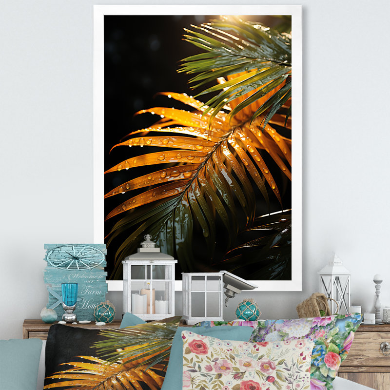 «Sunset Tropical Palm Tree Leaves III», reproduction sur toile, Cadre blanc, H 32 po x l 16 po x P 1 po