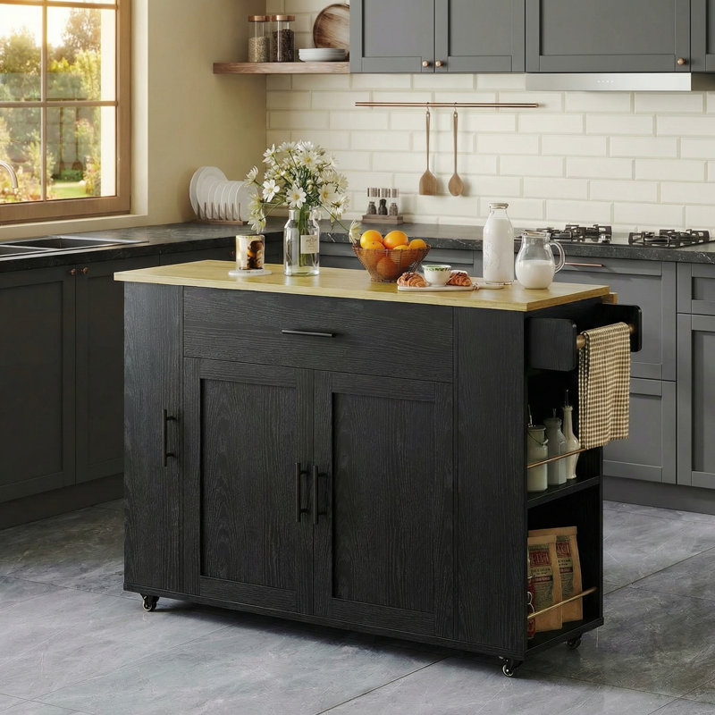 47.2" W Rolling Kitchen Island With Drawer And Cabinets, Kitchen Cart With Drop Leaf, Lockable Wheels And Towel Rack, Island For Kitchen, Dining Room