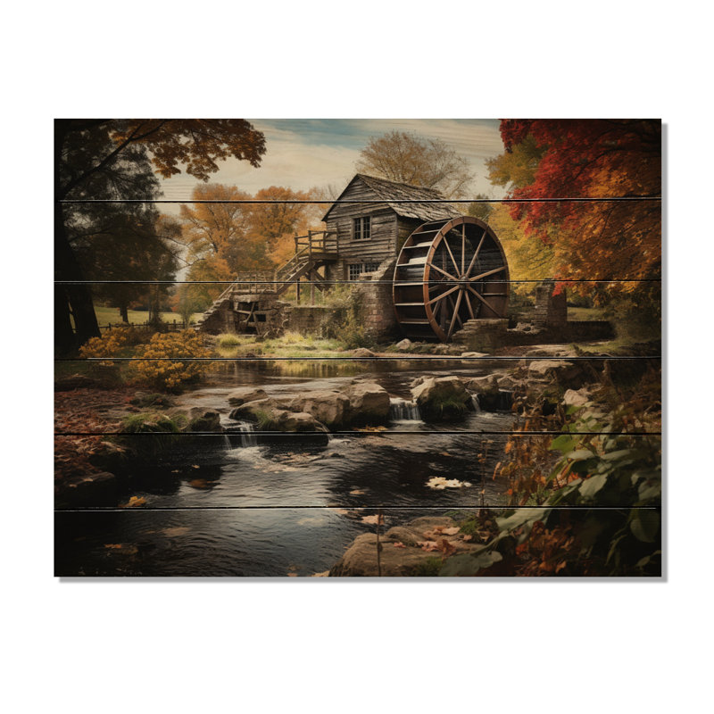 Moulins à moulin automnal sur bois, H 10 po x l 20 po x P 0,78 po