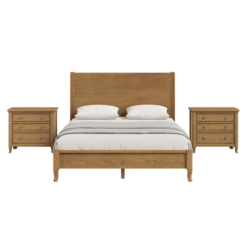 Ensemble de chambre à coucher en bois massif Red Oak avec lit Red Oak et 2 tables de chevet assorties, Grand lit, Bois