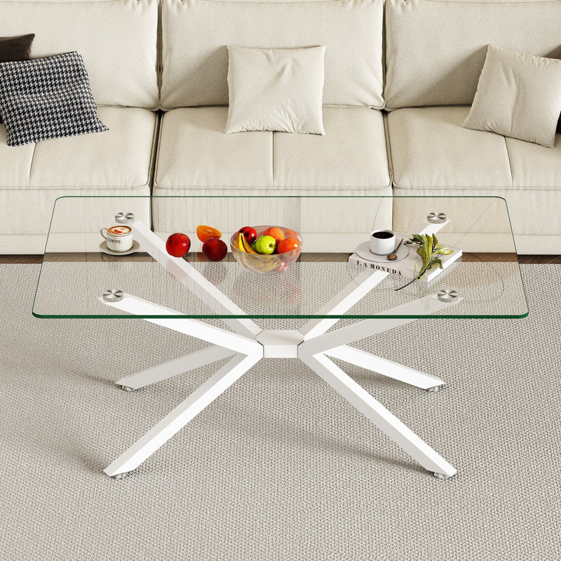 Table basse rectangulaire en verre de 40,19 po avec pieds en métal stables et pieds réglables, idéale pour le salon, pieds blancs transparents faciles à nettoyer, différents styles polyvalents et durables