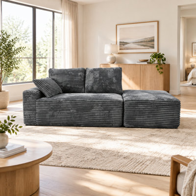 Canapé d'angle modulaire en velours côtelé gris avec pouf, petit canapé nuage avec assise profonde et 3 coussins, méridienne orientée à gauche