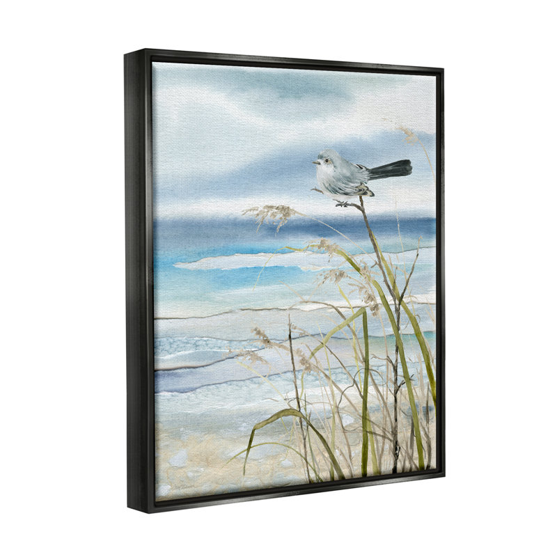 Oiseau et plage abstraite par Carol Robinson, H 31 po x l 25 po x P 1,7 po, Cadre flottant noir de jais