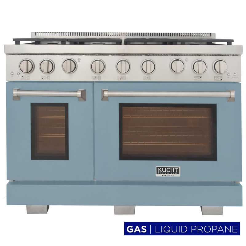 48 in. 6.7 cu. ft. Natural Gas Range Two Ovens in Olive Green with True Simmer Burners, Light Blue, Liquid Propane