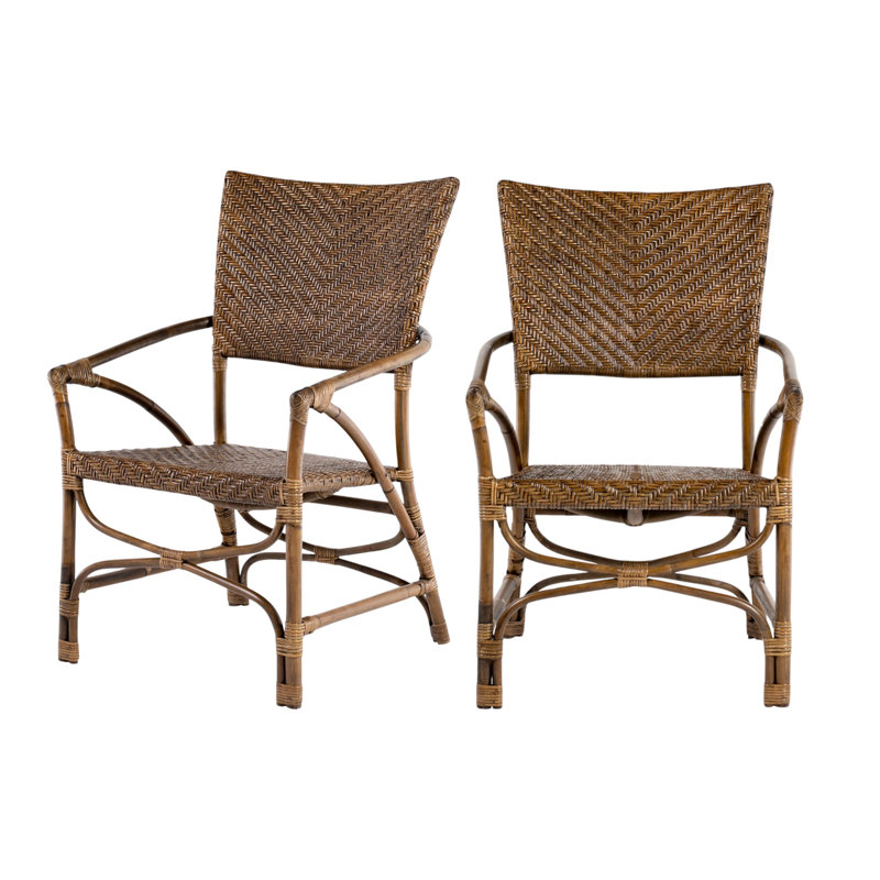 Set of Two Natural Rattan Open Back Dining Arm Chairs