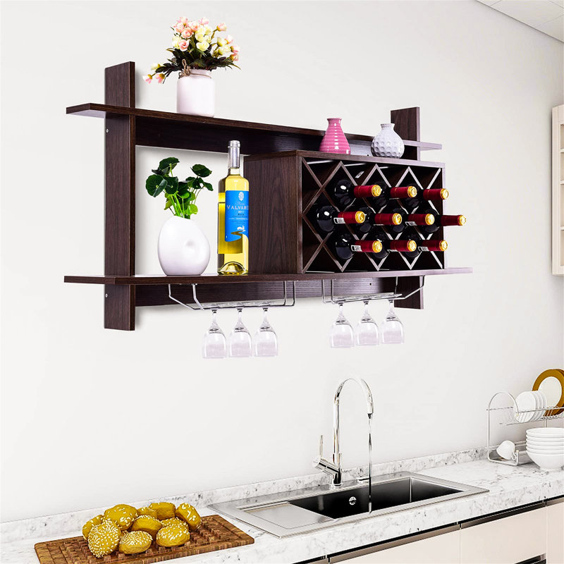 Jayren 10 Bottle Wall Mounted Wine Bottle & Glass Rack in Walnut
