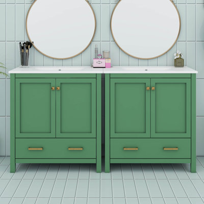 Ensemble de meuble-lavabo 60 po, avec double meuble-lavabo (séparé), double lavabo en céramique, tablette de rangement et tiroirs séparés (miroir non inclus)
