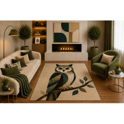 Tapis ultra-léger 152 x 213 cm vert et or à motif hibou géométrique bohème, idéal pour le salon, la chambre ou le bureau. Dos en silicone antidérapant, poils courts.