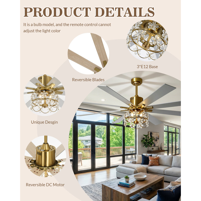 72-Inch Large Modern Gold Ceiling Fan with Remote, 8-Blade Reversible Fandelier with Floral Crystal Light Kit, 6-Speed Quiet DC Motor for Great Rooms, Living Rooms, and High Ceilings