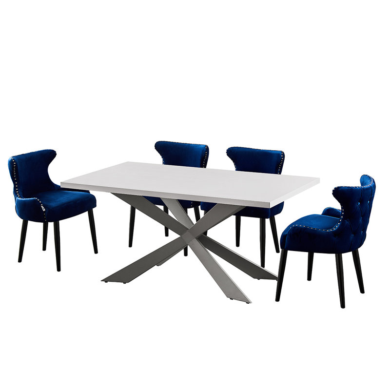 Ricky 4 Person Dining set - a Rectangular Wooden Dining Table with Metal Legs and a Set of 4 Quilted Velvet Dining Chairs for Dining Room - Modern Dining Table Set