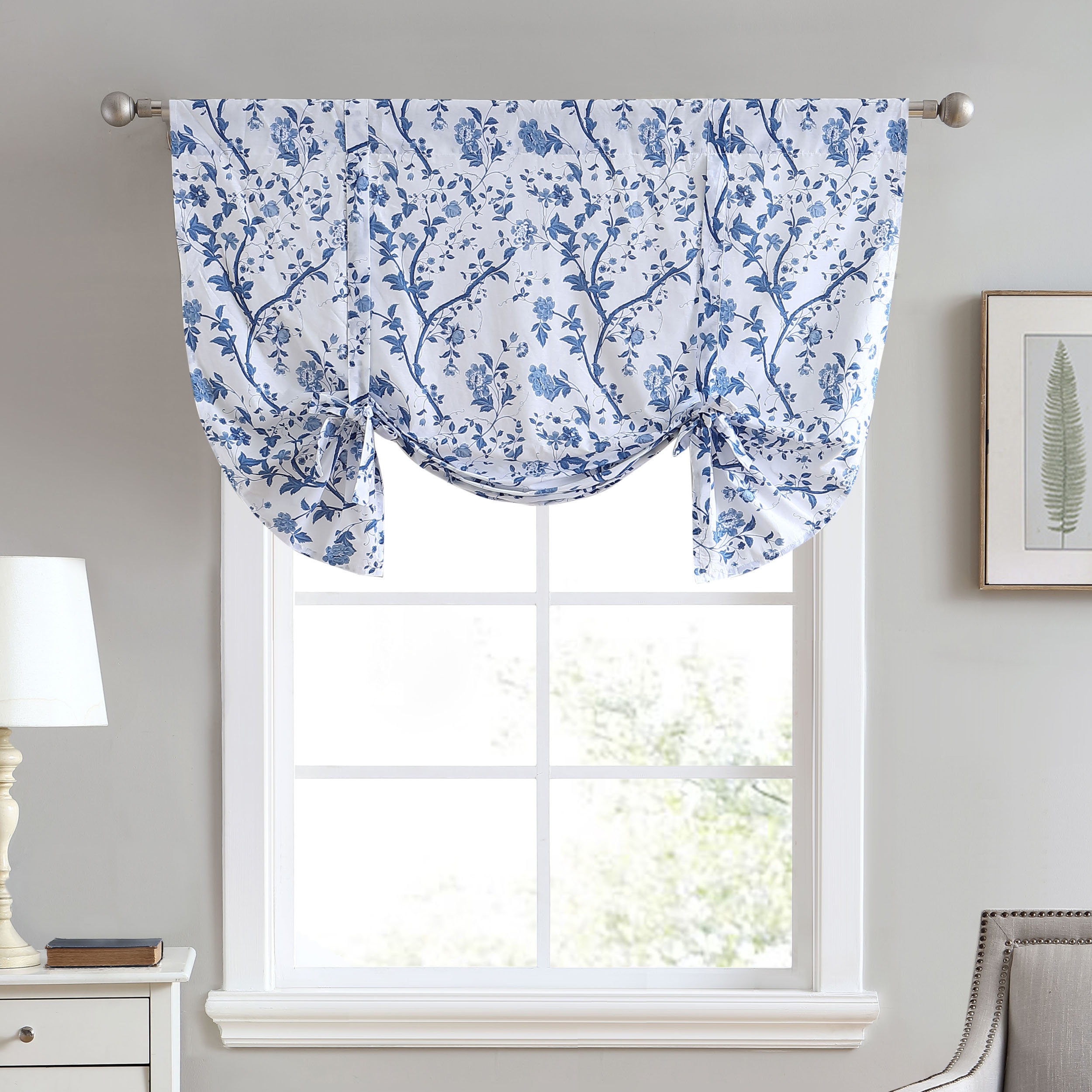 Laura Ashley Elise Blue/White Floral Tie Up 50x20 inch Window Valance & Reviews | Wayfair