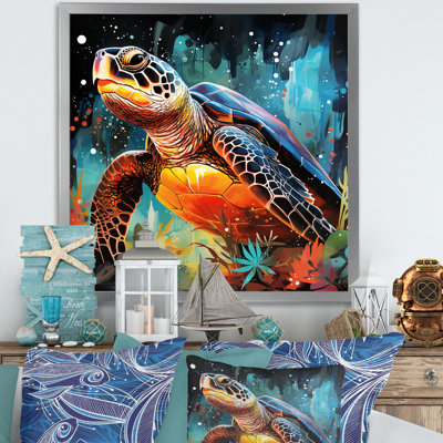 Graceful Yellow and Blue Turtle Swim - Tortue, art mural animal