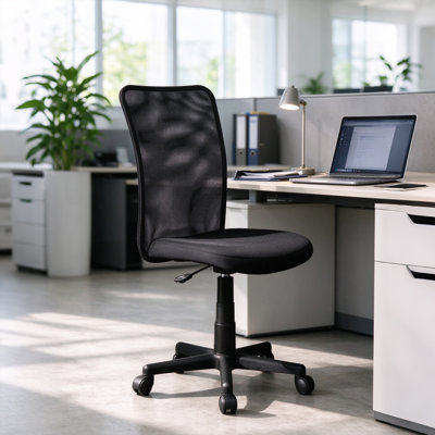 Black Breathable Mesh Task Office Chair with Contoured Fabric Seat, Pneumatic Height Adjustable Swivel Chair with Smooth-Rolling Casters for Desk Workstation