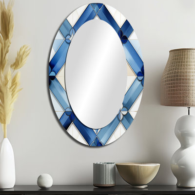 Blue and White Tiles Diamonds - Miroir décoratif géométrique ovale sur métal