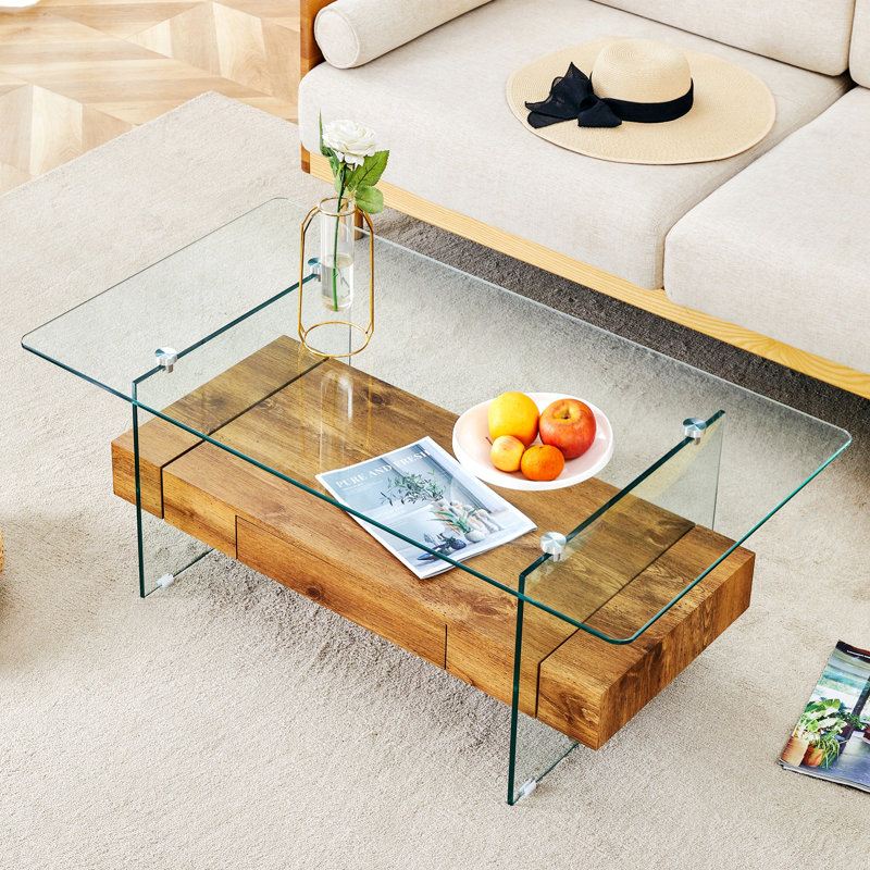 Table basse à dessus en verre, Bois naturel