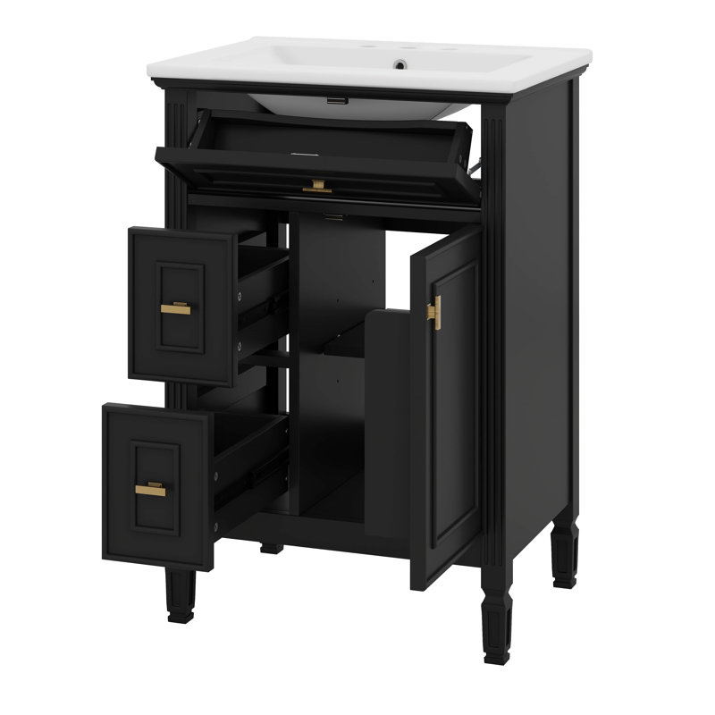 Meuble-lavabo de 24 pouces avec lavabo, armoire avec un tiroir rabattable, deux tiroirs standard et tablette réglable, Noir