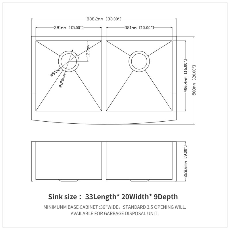 Double Bowl (50/50) Farmhouse Sink- 33"X20"X9"Stainless Steel Apron Front Kitchen Sink 18 Gauge With Two 9" Deep Basin